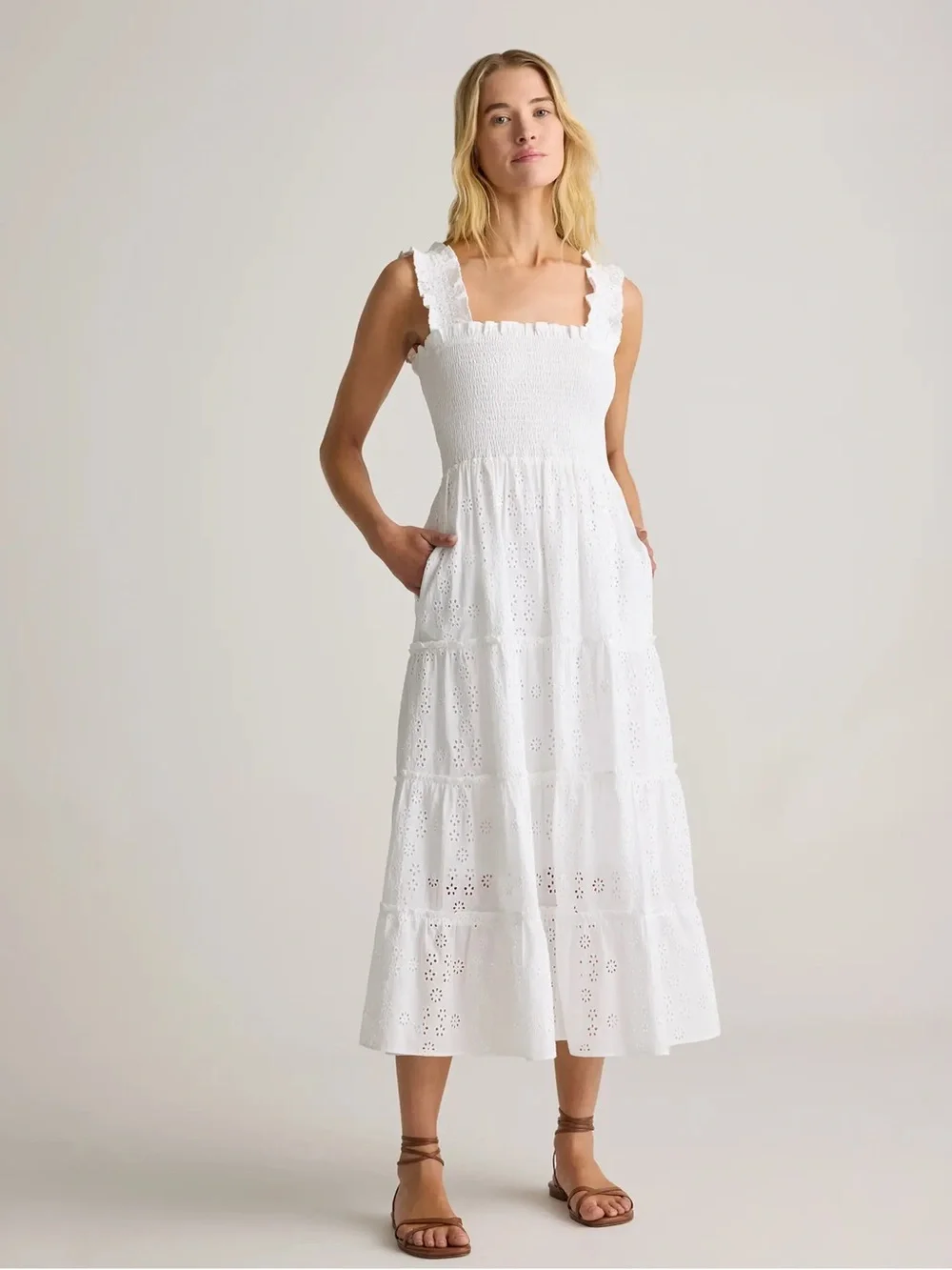 100% Organic Cotton Eyelet Smocked Midi Dress - Picture 2 of 6
